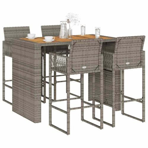 Gecheer 5-TLG.Gartenbar-Set ohne Kissen Garten Bar Set Bartisch und Stühle, Theke Bar Tresen Gartentheke Bartisch Stehtisch Barhocker Barstuhl Gartenmöbel Grau Poly Rattan Akazie