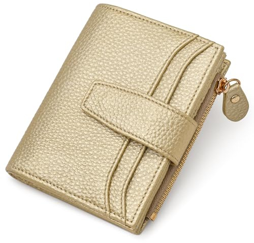 oscaurt Kleine Geldbörse für Damen, RFID-blockierend, faltbar, kompakt, Kreditkartenhalter, Ledergeldbörse für Damen, mit Münzfach mit Reißverschluss und 2 Ausweisfenstern, Gold, Minimalistisch