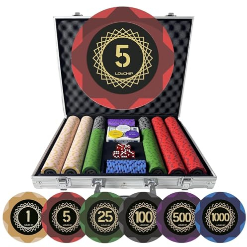 LOYCHIP 500 Piece Clay Poker Chip Set, Texas Holdem Blackjack 14g Heavy Clay Composite Numbered Chips with Aluminum Case 2 Decks 5 Dice Dealer Small Big Blind Buttons for Adult Casino Night