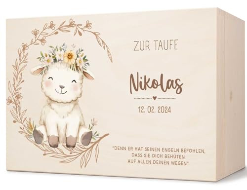 GRAVURZEILE Bedruckte Erinnerungskiste - Tiere Taufe - Personalisiert mit Name & Datum - Erinnerungsbox für Mädchen & Jungen - Geschenk zur Kommunion, Konfirmation & Taufe - Farbe: Lamm