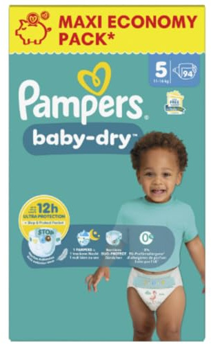 Pampers Baby-Dry Taille 5, 94 Couches, 11kg-16kg, Une Nuit Confortable Jusqu’À 100% Sans Fuites
