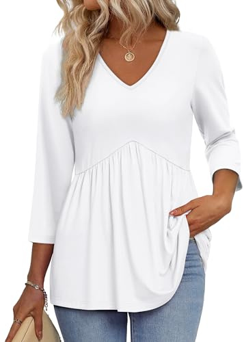 Aokosor Ladies Tops 3/4 Sleeve V Neck Shirts for Women UK Babydoll Pleated Blouses Spring Casual Tunics Work Wear White Plus Size 22-24