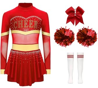 Vxuxljecheer Leader Kostüm Mädchen Halloween Langarm Cheerleading Uniform Mit Pompom Und Tanzsocken Cosplay Karneval Faschingskostüm Rot A 146-152
