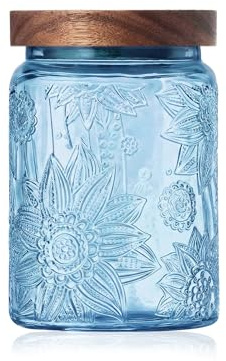 Glass Jar with Wooden Lid - 700 ML Christmas Airtight Storage Canister for Kitchen Pantry Bathroom, Decorative Retro Container for Candy, Biscuit, Cookie, Sweet, Tea, Coffee, Sugar, Blue Sunflower