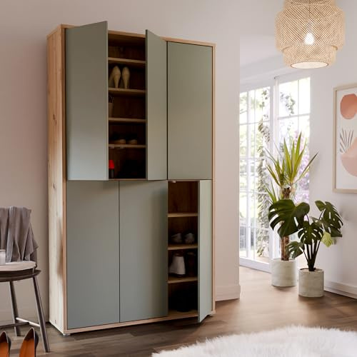 Forte Alice Springs Schuhschrank 100 110, Schrank mit 6 Türen, 15 Einlegeböden, Holzwerkstoff, Salbei mit Artisan Eiche Holzdekor, 109,2 cm breit x 191,9 cm hoch x 34,9 cm tief