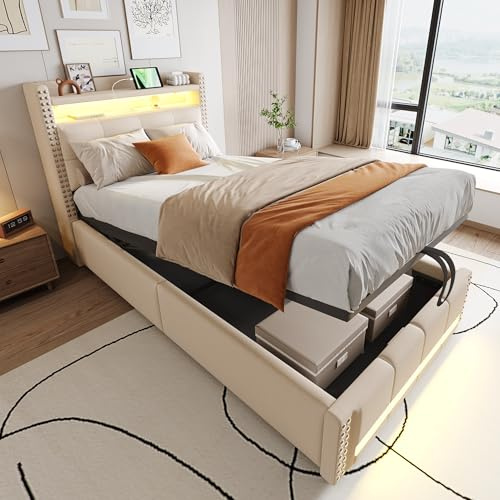 Gxffipw Einzelbett Polsterbett 90x200 cm mit USB Steckdose und LED Licht, Hydraulisches Bett mit Stauraum und Kopfteil, Jugendbett Bettgestell mit Lattenrost, Leinen, Beige, Ohne Matratze