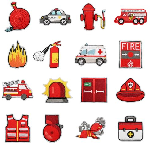 Vbxvsa 16 Stücke Flicken zum Aufbügeln, Feuerwehr Patches Set mit Feuerwehrauto & Flammen, Brandschutz Aufnäher zum Bügeln oder Nähen für Jacken, Rucksäcke, Schulranzen, 1.3cm Dick