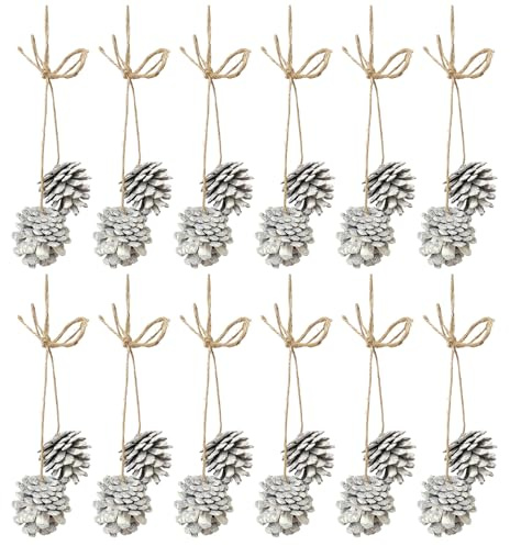 White Pine Cone Pair Hanging Decorations – Pack of 12 Hanging Ornaments with Rustic Twine for Christmas Tree, Wreaths & Autumn Displays – Nordic, Durable & Reusable Seasonal Décor – 16cm