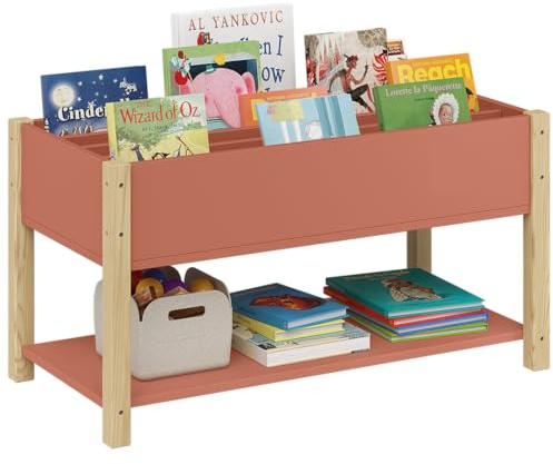 Bellabino Teme Bücherregal Kinderzimmer – Kinderbücherregal mit 4 Fächern – Montessori Bücherregal mit Ablagefach – Bücherregal für Kinder Terrakotta/Natur – Spielzimmer Deko aus Holz 80x40x44 cm