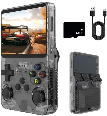 R36s Retro Handheld Game Console, Handheld Games Consoles with 3.5 Inch Ips Display and 20,000+ Classic Games, Portable Pocket R36s Game Console for Teens And Adults (64G) (Black Translucent)