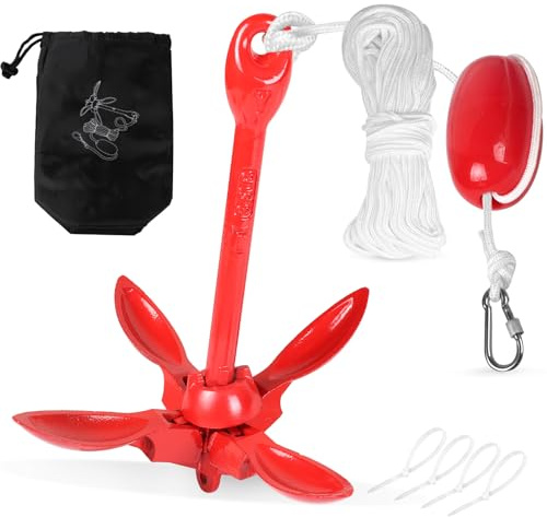 SWAWIS Anker Boot 1,5KG Bootsanker Bootszubehör Klappanker Sup Anker mit 20M Ankerleine Bojenkugel und Aufbewahrungstasche für Schlauchboot Belly Boot Tretboot Paddelboot, Rot