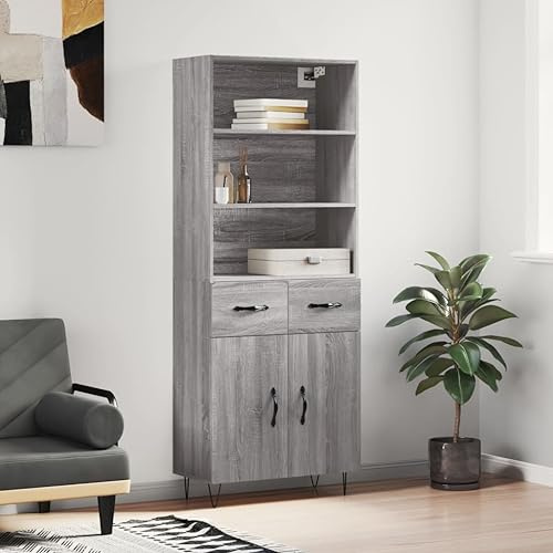 Runheo Highboard Grau Sonoma 69,5x34x180 cm, Holzwerkstoff, Stauraumschrank für Wohnzimmer, Küchenbuffet mit Türen