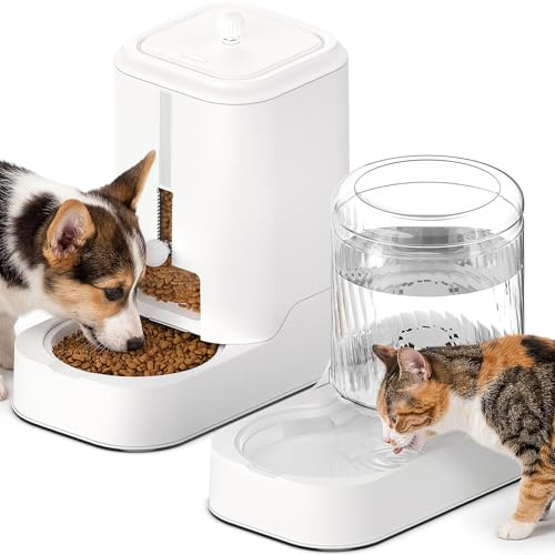 JUNSPOW Juego de dispensador y comedero automático de agua para gatos, bebedero de gravedad y alimentador de alimentos para perros pequeños, medianos, gatos, cachorros, gatitos, cuenco de agua y
