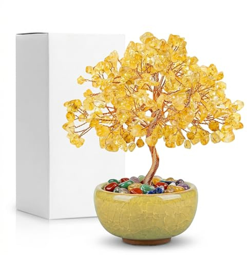 GWEOR Albero della Vita Albero di Cristallo, Albero di Ricchezza in Citrino 72 Pietre 8 Fiori, Decorazioni Casa, Regalo Spirituale ed Energetico con Scatola Regalo
