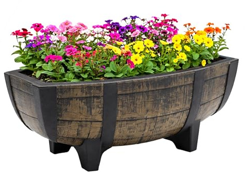 Kunststoff Pflanzenschale mit Staunässeschutz - 41 x 30 cm - Holzfass | Garten Deko Blumentopf Pflanzkübel Blumenschale Weinfass mit Drainageboden