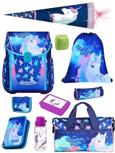 Familando - Premium Schulranzen Set - 10-teilig mit Schultüte - Unicorn (Einhorn) - Ergonomisch, stabil & mit gepolstertem Rücken - 1000g - 20L Volumen - Mit Reflektoren - ab 1. Klasse
