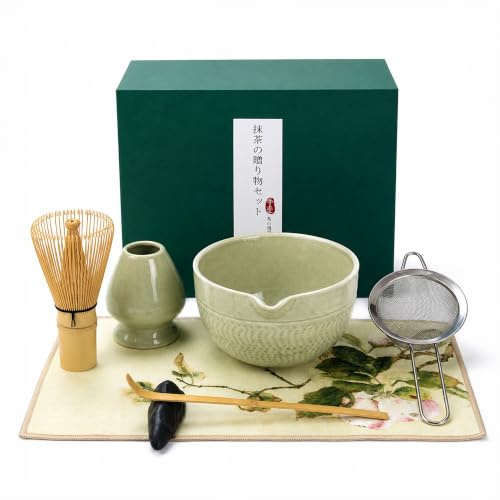 G&G Matcha Set 7-teilig mit Matcha Schale, Bambusbesen, Sieb & Besenhalter – Japanisches Matcha Tee Set für Anfänger, Matcha Zubehör in Geschenkbox, Chasen, Chashaku & Chawan, Hellgrün