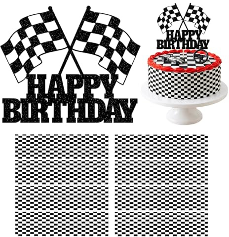 9Pcs Racing Car Cake Decorations, F1 Cake Decorations with Checkerboard Silhouette Cardboard and Car Flag Topper, Stylish Car Cake Topper Set, Ideal for Race Car Birthday Party
