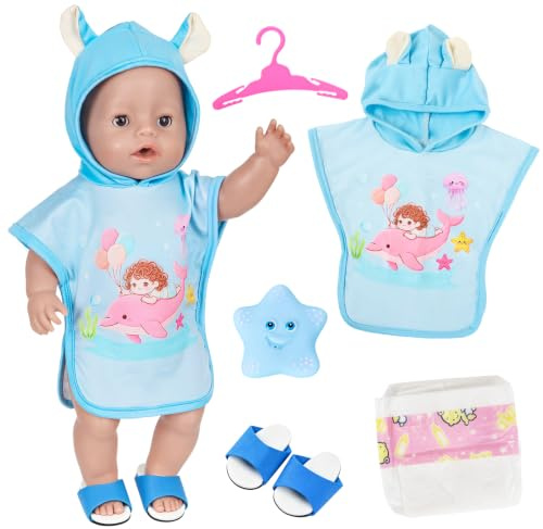 Baby Puppen Bademantel für 36-43 cm Puppen 5 Stück Blue Puppenkleidung | Delfin Bademantel Puppenwindeln Schuhe Wasserspritzspielzeug Kleiderbügel für 14-18 Zoll BabyPuppen Geschenke für Mädchen