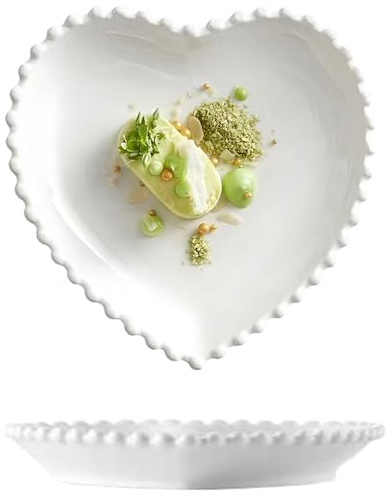 CompadreBol Ceramic Dinner Plate, White Heart Shaped Plate, Suitable for Various Fruit Salads Desserts Pasta Fish Steak and Steak, Microwave and Oven Safe