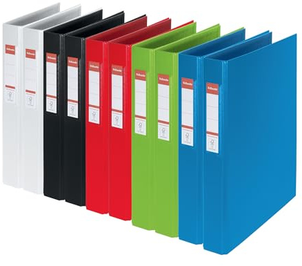Esselte A4 Ring Binder, Pack of 10 Assorted Colours – 42mm Width, 2 Round Ring Binder, 190 Sheet Capacity, Durable PP Cover, Spine Label, FSC® Certified, Home & Office File Organiser
