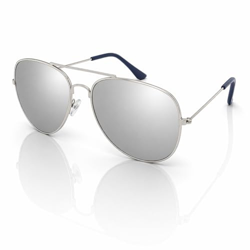 Pilot Style Sunglasses - Unisex Shades Top Gun UV400 Mens Ladies (Silver Frame Mirrored Lens)