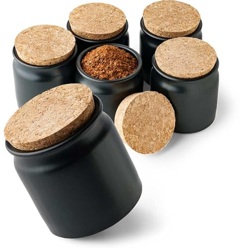 Tuuters Keramik Gewürzgläser 6 Stück (150ml schwarz) Gewürzdosen dunkel Set | Made in Germany, Tontopf mit Korken, Teedose mit Korkdeckel, 0,15 Liter, 6,9cm breit, 7,8cm hoch, Aufbewahrung, Kräutertee
