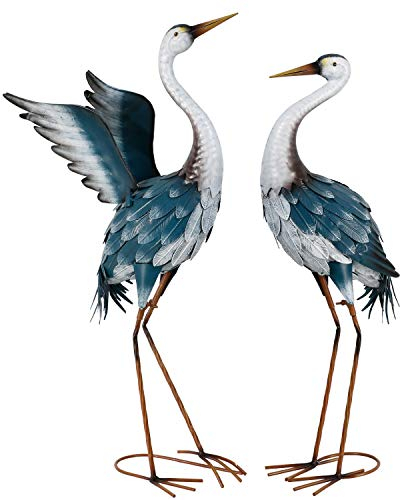 TERESA'S COLLECTIONS Gartendeko für draußen, Große Blaue Fischreiher Metall Gartenfiguren 2er Set 73.6/68.5cm, Reiher Teichfigure Vogelabwehr Dekofiguren für Fischteich,Geschenke für Frauen