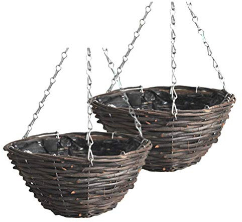 BESTonZON 2 Stück Hängetopf Hängender Blumentopf Blumenampel Rattan Korb Metall Ketten Hängepflanze Topf Aufhänger Wand Balkon Pflanzentopf Hängeampel Ranke Pflanzen Halter Hanging Flower Pot