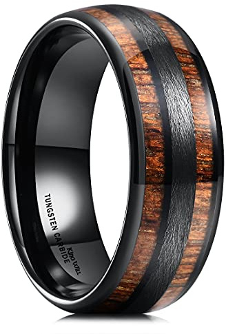King Will Nature 8mm Herren-Ehering mit grüner Holzeinlage, schwarzer Wolframcarbid, gewölbt, Größe