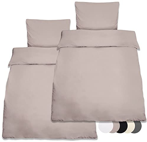 Beautissu 2er Set Renforcé Bettwäsche Set aus Baumwolle mit 2X Bettbezug | 135x200cm Kissenbezug 80x80cm Taupe 4teilige kühlende Sommerbettwäsche mit 2x Kopfkissenbezug Renforce 135x200 Julie