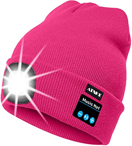 ATNKE LED beleuchtete Bluetooth Beanie Kappe, wiederaufladbare USB-Musikalische Laufmütze mit extrem hellem 4 LED Licht wasserdichte Lampe für das Skifahren (Einheitsgröße, Rose Rot)