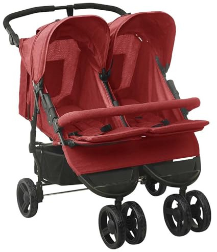 Cochecito Gemelar Plegable, Con Respaldo Ajustable, Reposapiés, Capacidad 15 kg, Rojo, Acero y Lino, para Paseos en Parque Modelo DYEEG-10245ES-MN
