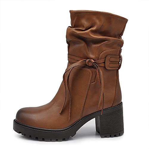 IF FASHION Stivaletti Tronchetti Arricciati da Donna In Pelle Sintetica Con Tacco Grosso Plateau Frange 6640 camel N.38