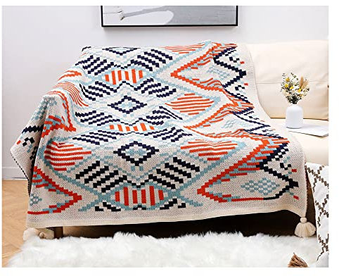 DAIHAN Geometrischer Druck im ethnischen Stil Sofa-Überwurf-Reisedecke Gestrickte Kuscheldecke Couchdecke mit Quaste dekorativ Nickerchen-Decke Bettüberwurf für Sofas, Sessel Orange