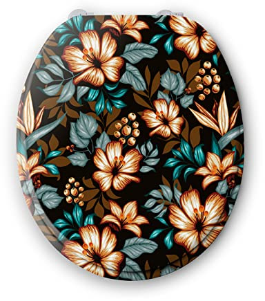 BENKI - Lunette De Toilette Fleur - Abattant WC Avec Frein De Chute - WC En Bois Avec Charnières En Acier Inoxydable & Ajustables - Forme Universelle