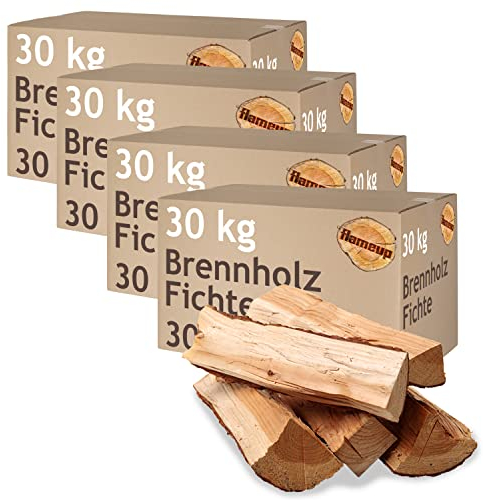 Brennholz Fichte Kaminholz 5-500 kg Holz 30 cm Für Ofen und Kamin Kaminofen Feuerschale Grill Feuerholz Holzscheite Wood Kammergetrocknet Flameup, Menge:120 kg