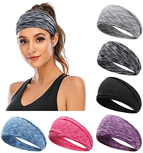 Workout Headbands for Women Non Slip Sport Sweatbands, 6 Packs Wide Elastic Head Bands Hairbands for Girls Men Yoga Running Fitness Gym Moisture Wicking Athletic Hair Accessories