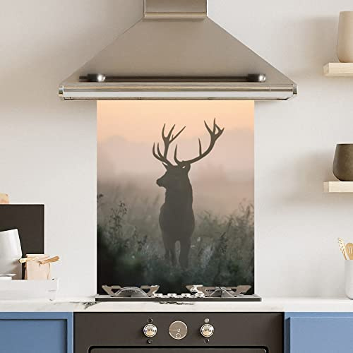 Premium 60 cm x 75 cm Wild Misty Stag Glass 6mm Kitchen Splashback Heat Resistant Toughened Polished Edges - Back Splash Back Coloured Hob Painted Tempered Splashback