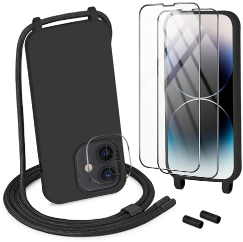 DiDaDi Handykette kompatibel mit iPhone 12 Hülle,Handyband Necklace Hülle mit Band Handyhülle für zum Umhängen Silikon Case mit Schnur Schutzfolie und Kameraschutz in Schwarz