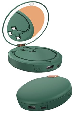 OBEST 3-in-1 Multifunktionale Handwärmer Powerbank,Wiederaufladbar Taschenwärmer mit Kosmetikspiegel, 5000 mAh Power Bank mit 3 Ladekabelanschlüssen,2 Temperatureinstellungen