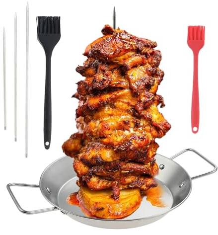 DRELD Pincho vertical para kebab, 3 tamaños desmontable, para barbacoa, carne de acero inoxidable, con bandeja de goteo grande y cepillo para asador, pollo mediano, filete, kebab, shawarma, doner,