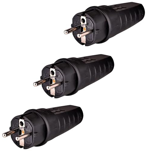 Spina in Gomma, Spina 230V, 16A, IP44, Spina Impermeabile, Spina Infrangibile, Spina con Contatto di Protezione, Spina Schuko, Spina Schuko con Pressacavo Adatta per Uso Esterno, 3 Pezzi (Nero)