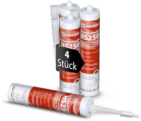 Hausa HS250 Profi Hochtemperatur Silikon schwarz 4 x 300ml Kartuschen Dichtmasse +305°C Dichtstoff zum Kleben Abdichten von Öfen Kochfeldern Motoren dauerelastisch Öl-, Benzin- & Hitzebeständig
