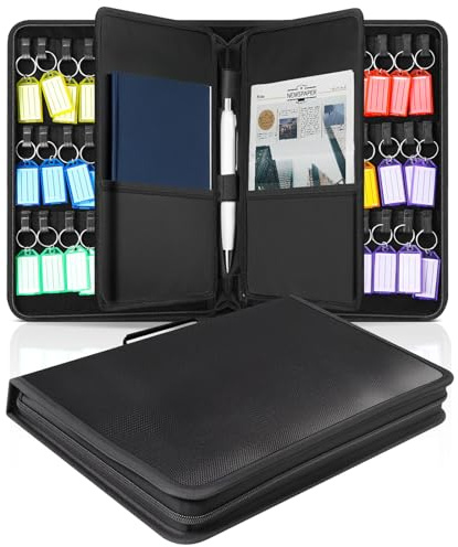 Focxoio Portable Key Organizer,Zippered Key Storage Case with 54 Key Hooks and Tags for Estate Sales,Hotels,Landlord,Car Rental,Upgraded Interlayer and Handle,Waterproof and Fireproof,Black