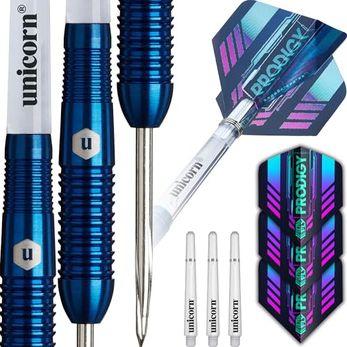 Unicorn Darts Set U-Tech | Prodigy| 95% Tungsten Barrels with Navy Blue Titanium PVD Coating & Intricately Machined Grip Rings | Durable Ultrafly Flights | Steel Tip Volute Points