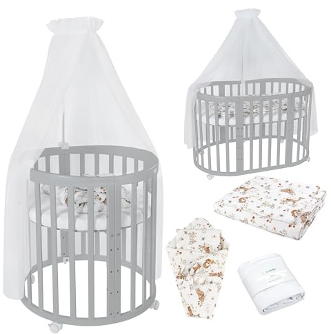 waldin Babybett Oval 7in1, Matratze, Rollen, Regal, Grau