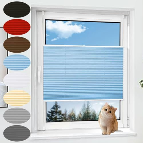 Plissee Klemmfix Ohne Bohren 35 x 80 cm Blickdicht Sichtschutz Sonnenschutz Plissees Lichtdurchlässig Nach Maß, mit Klemmfix für Fenster & Tür, hellblau