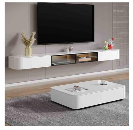 Banc TV Meuble TV Flottant avec lumières LED, Meuble TV Mural avec Porte Rabattable en Verre, Console multimédia Blanche Moderne for Salon et Chambre à Coucher Meuble TV(180cm)