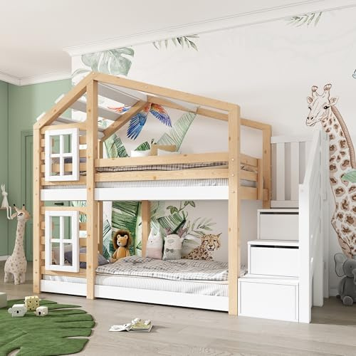 Kinderbett Etagenbett 90x200, Hochbett für 2 Kinder, Hausbett mit Stauraumtreppen&2 Fenstern&Dach, Doppelbett Holzbett Stockbett Baumhaus mit Lattenrost&Rausfallschutz, Kiefer,Ohne Matratze,Natur&Weiß